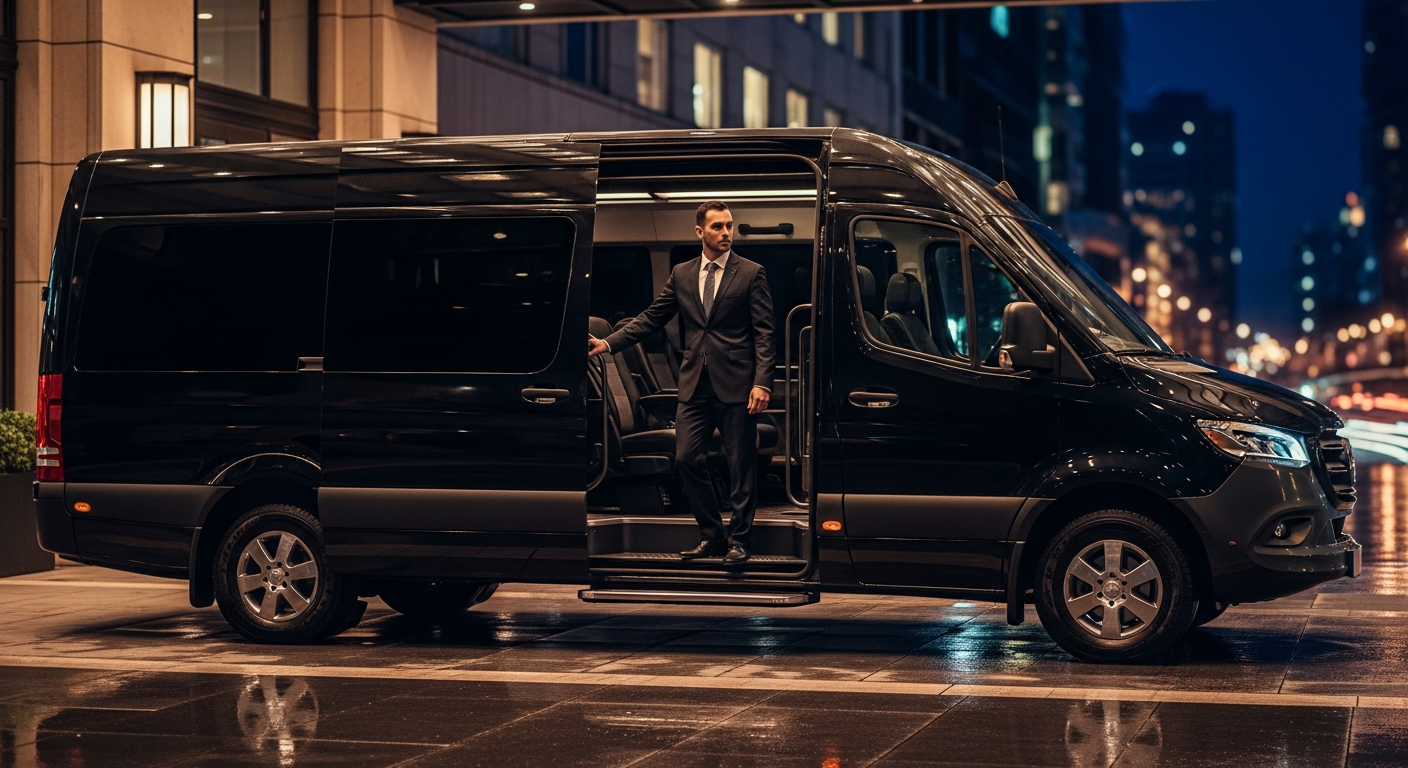 Luxury Mercedes Sprinter at hotel entrance